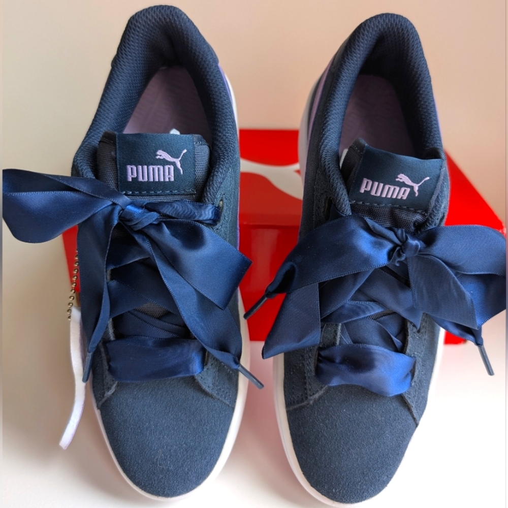 Puma Smash v2 Ribbon Jr Suede  Navy Purple Girls Youth Size 4